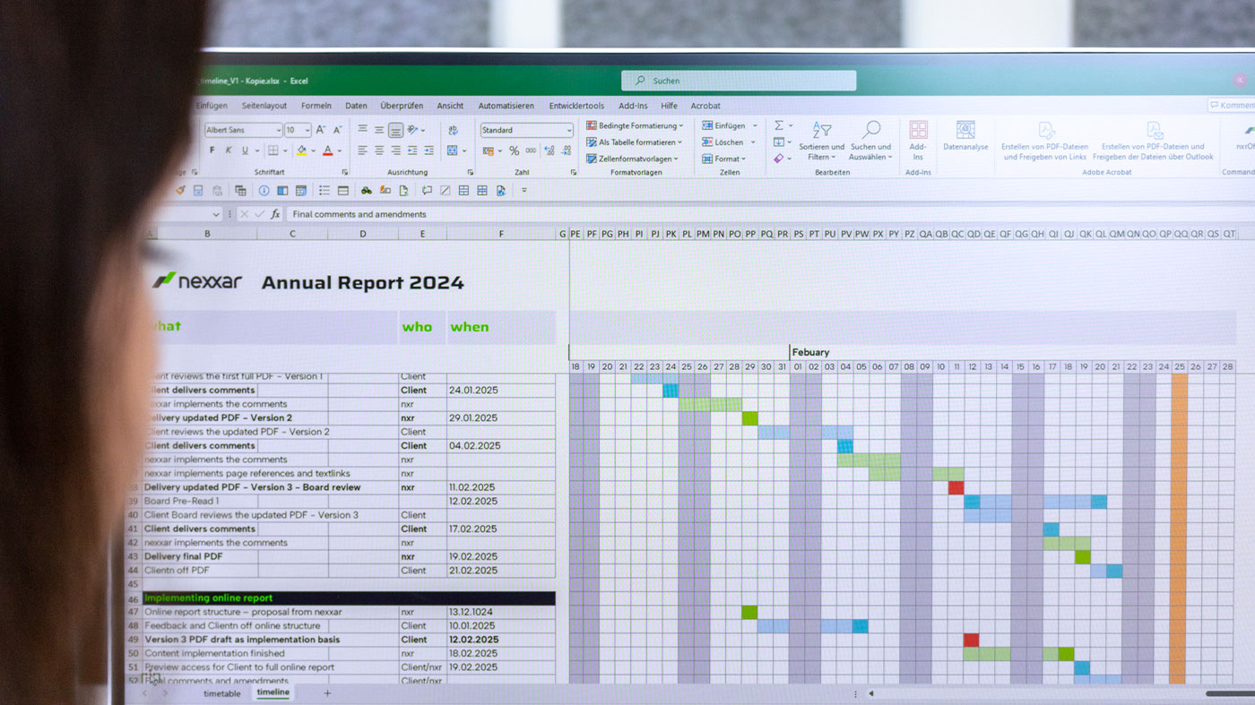 looking over a project manager's shoulder as they check a complex project timeline in excel (Photo)